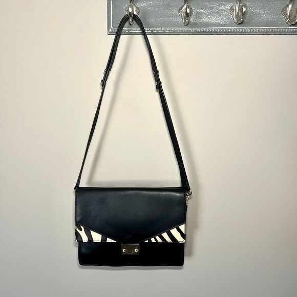 Loeffler Randall Black Leather w/ Animal Print Accent Envelope Crossbody Handbag - Picture 3 of 16